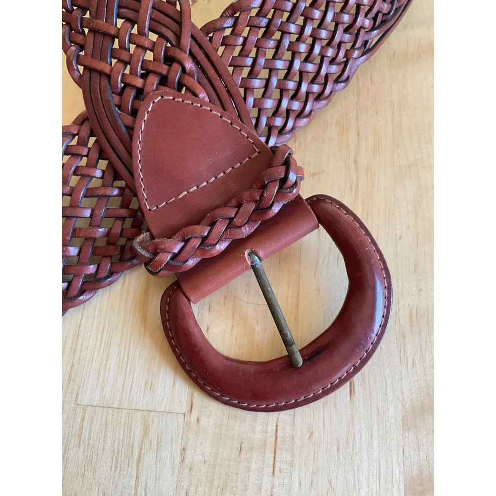 Express Vintage Woven Leather Belt Brown Braided Boho Wide Made in Turkey Small